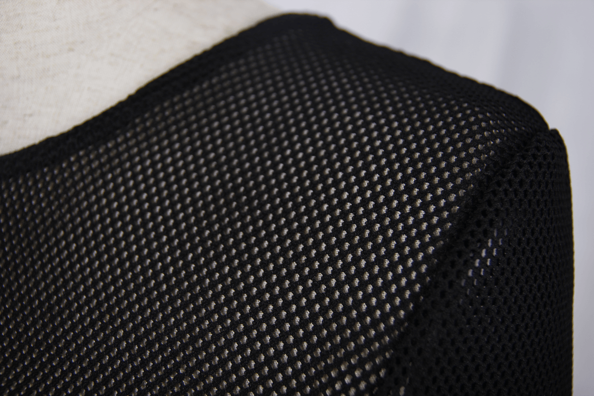 Close-up of black women's long-sleeve mesh top neckline showcasing stylish steampunk design and breathable fabric.