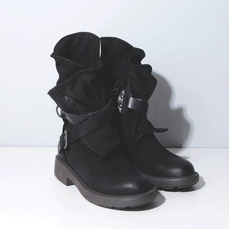 Black Women's Fashion Ankle Boots / Vintage Leather Female Shoes / Low Heel Western Boots - HARD'N'HEAVY