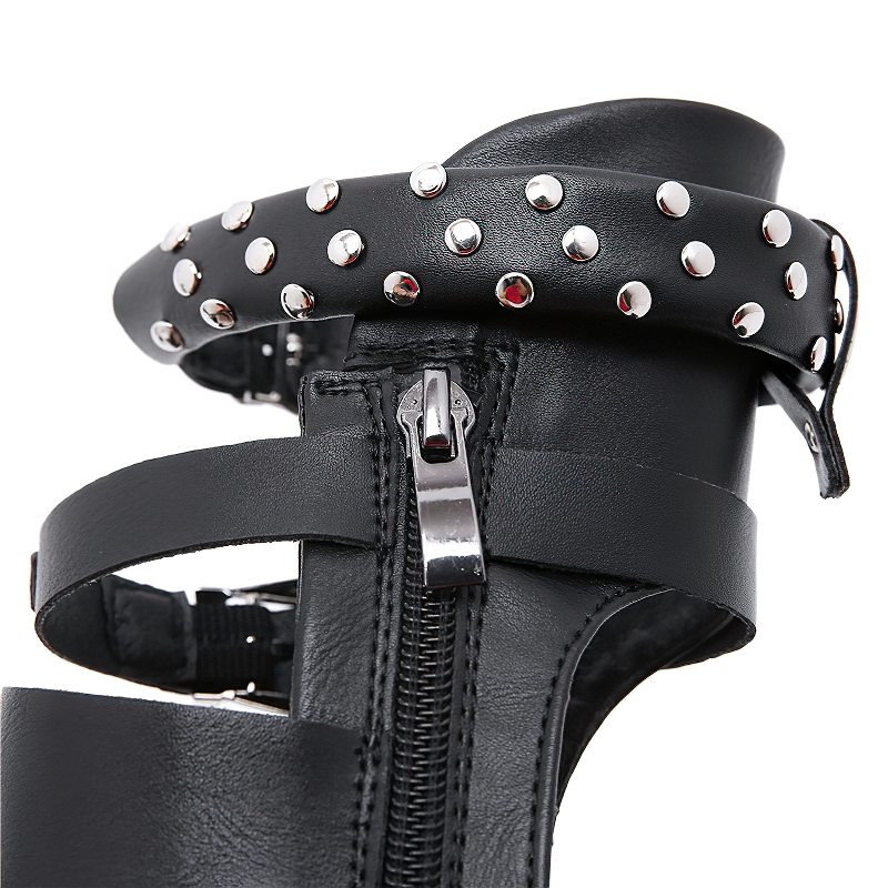 Black Women's Flat Sandals / Female Fashion Shoes With Ankle Strap And Metal Rivets - HARD'N'HEAVY