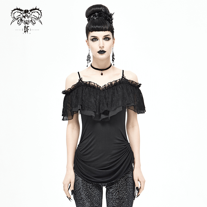 Black Women's Gothic Off-Shoulder Mini Dress / Slim Dress with Adjustable Rope on Both Sides - HARD'N'HEAVY