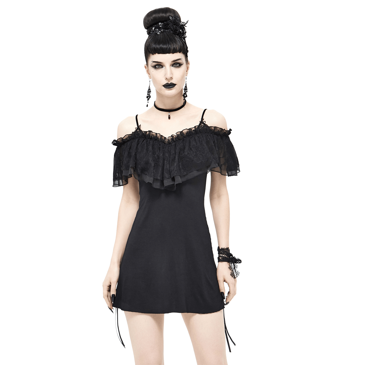 Black Women's Gothic Off-Shoulder Mini Dress / Slim Dress with Adjustable Rope on Both Sides - HARD'N'HEAVY