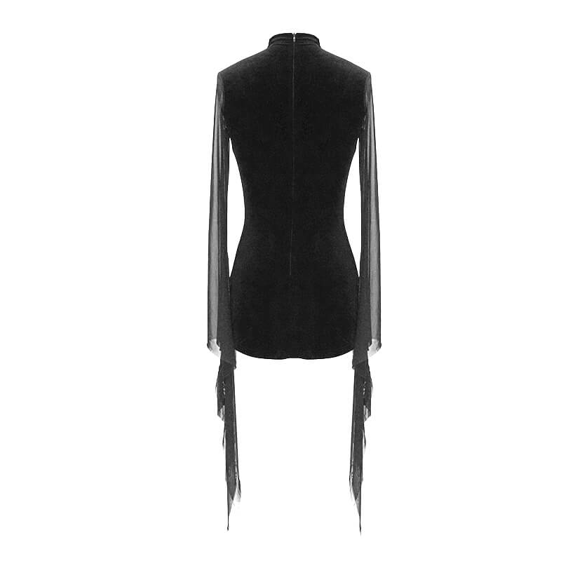 Back view of a black women's gothic dress with long sheer sleeves, perfect for a stylish edgy look.