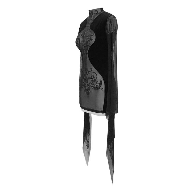 Elegant black women's gothic dress with transparent fabric and intricate detailing, perfect for a stylish look.