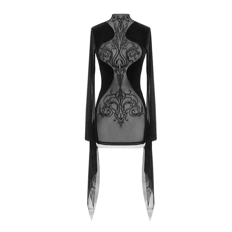 Elegant black gothic long sleeve mini dress with transparent fabric and intricate back design for a stunning look.