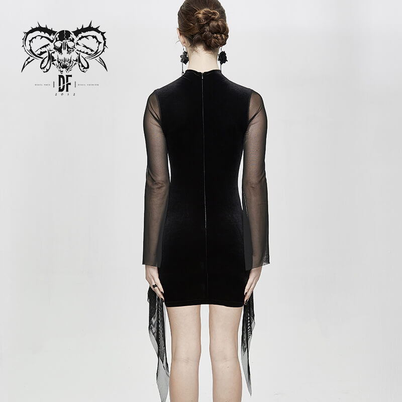 Back view of a black gothic women's mini dress with transparent long sleeves and elegant design.