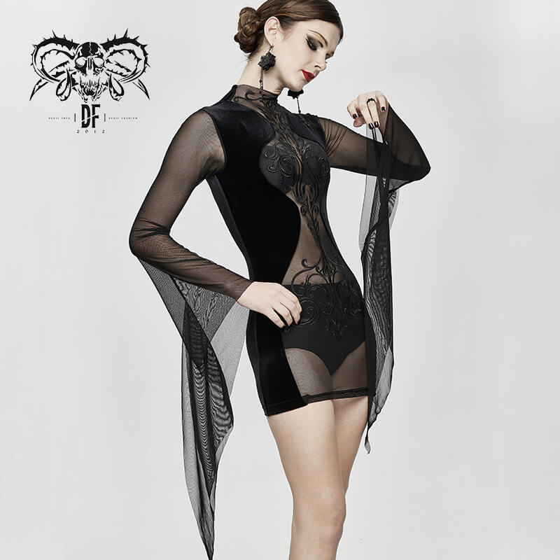 Black women's gothic mini dress with elegant cut and transparent fabric accents, showcasing stylish gothic fashion.
