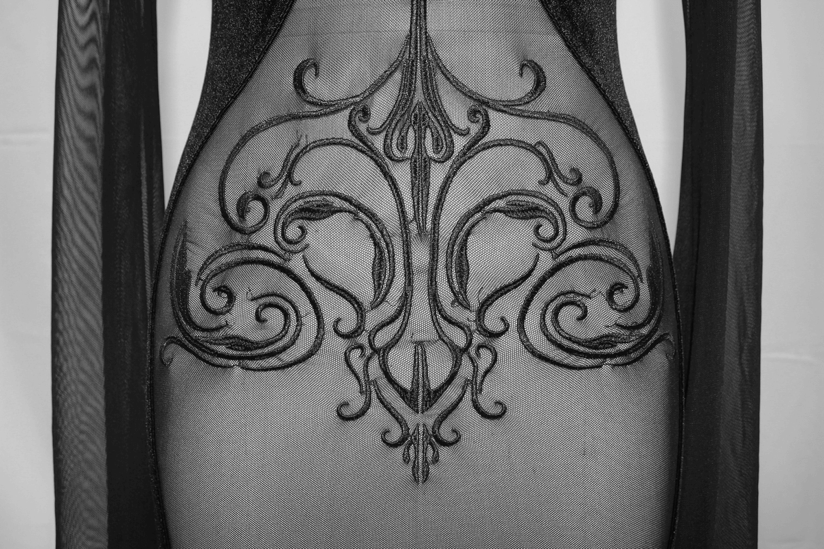 Intricate black embroidery on transparent fabric of a gothic long sleeve mini dress for women.