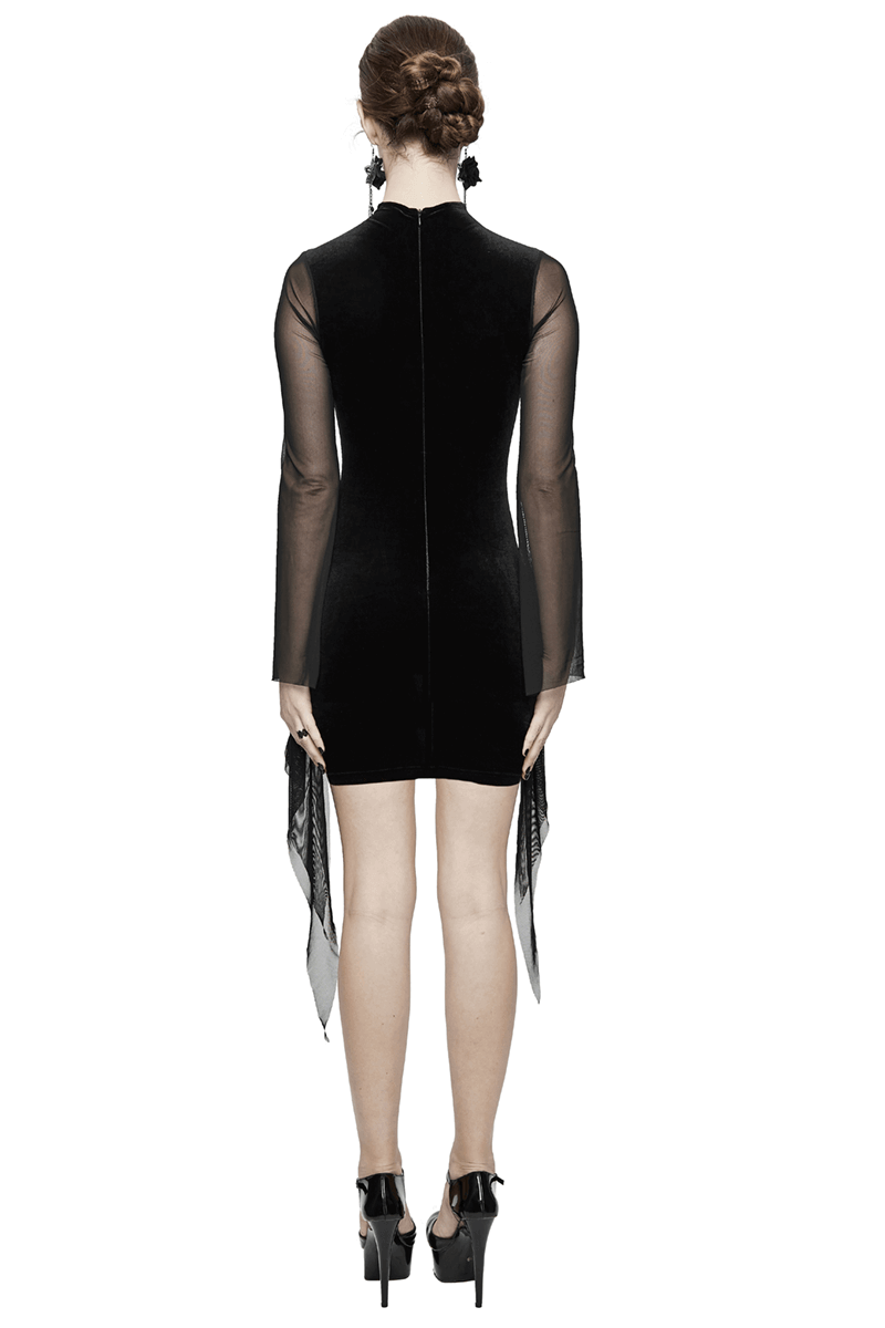 Black Women's Gothic Tight Long Sleeve Dress / Sexy Transparent Short Mini Dresses - HARD'N'HEAVY