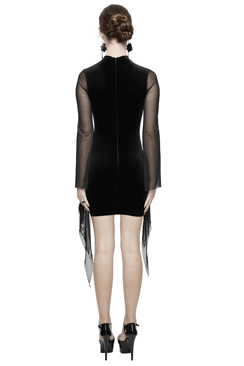 Back view of a black women's gothic long sleeve mini dress with transparent fabric accents, perfect for any edgy occasion.