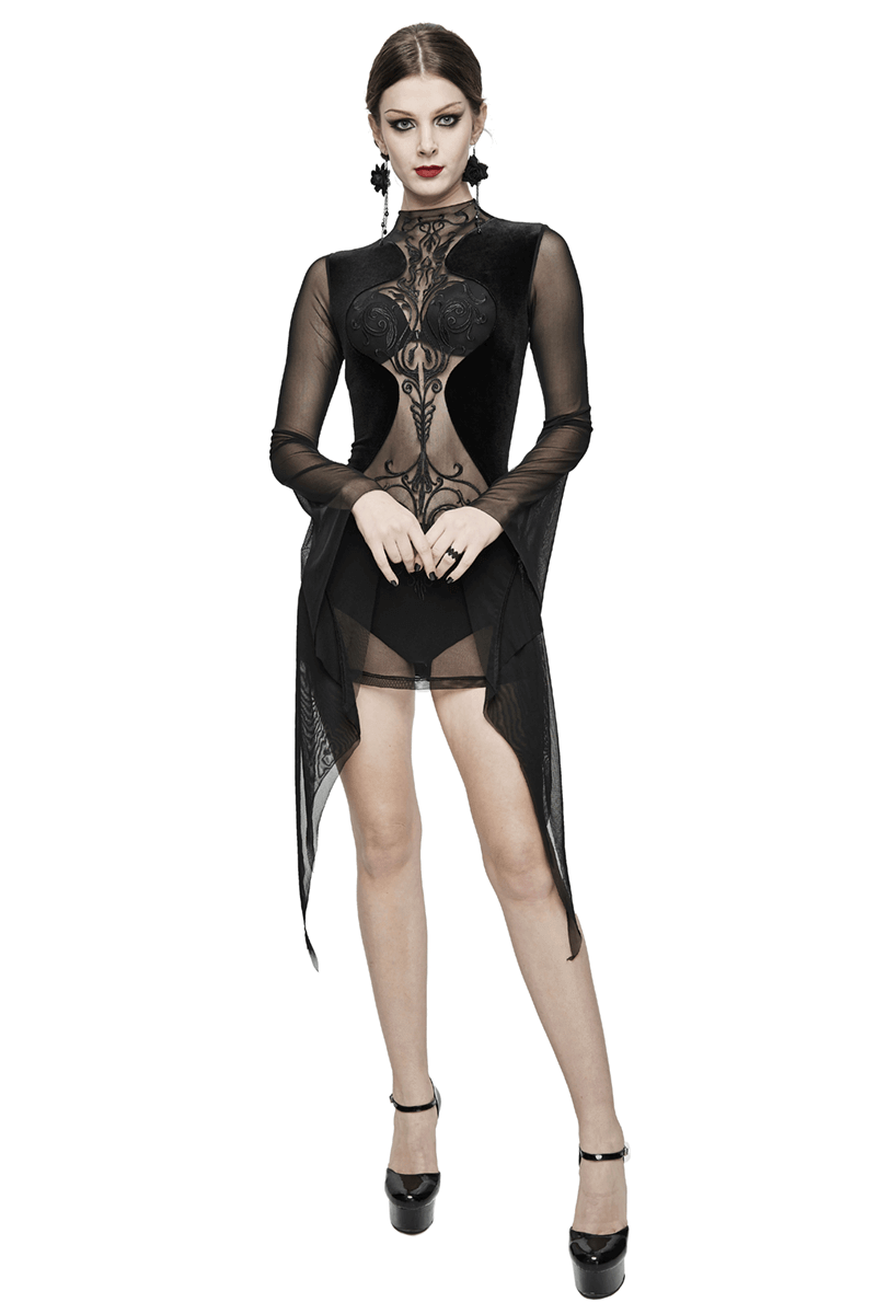 Black women's gothic long sleeve mini dress with transparent accents, perfect for a stylish and edgy look.