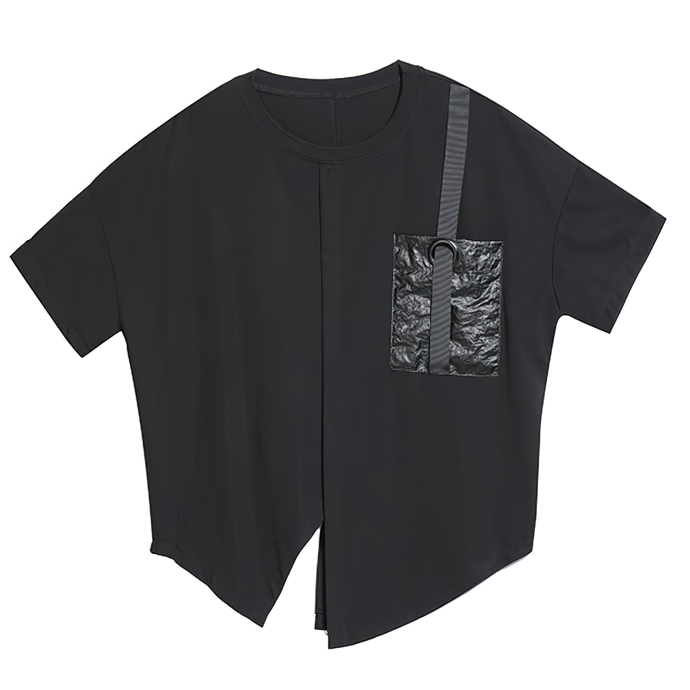 Black women's irregular t-shirt with pocket and ribbon, loose casual O-neck short sleeve style.