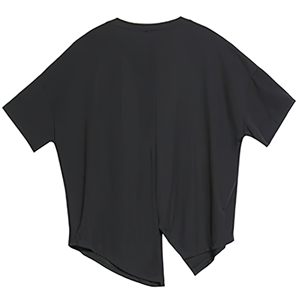 Back view of a black women's loose casual T-shirt with irregular hem and short sleeves.