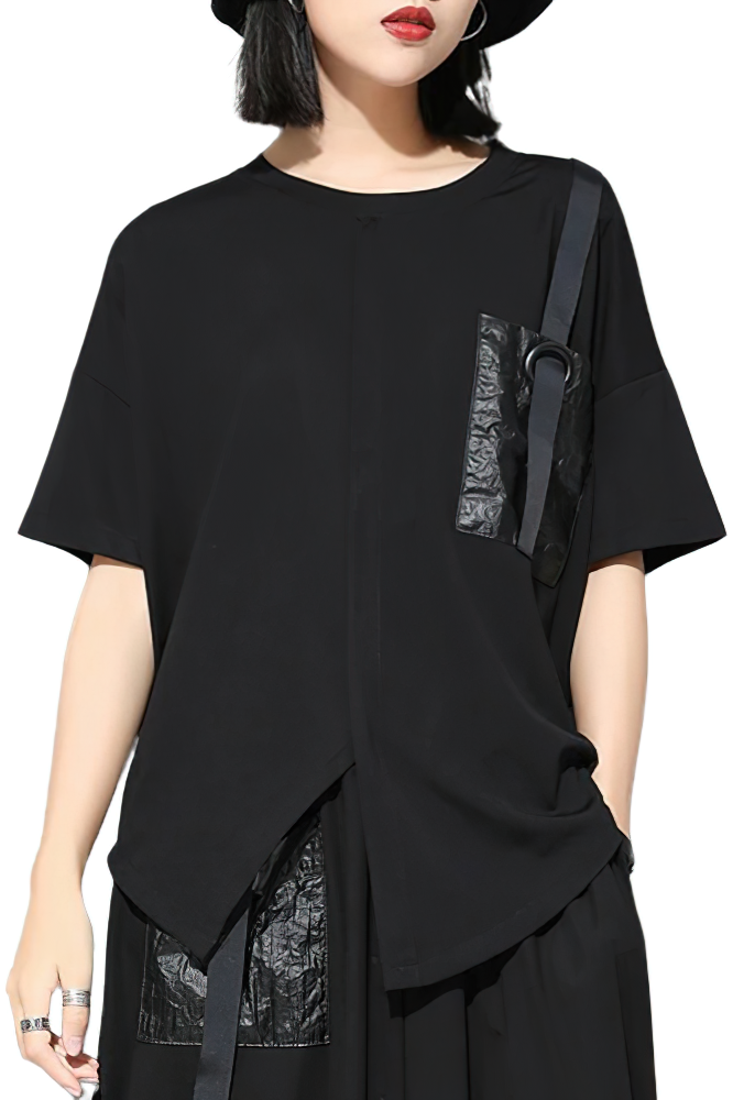 Black loose casual T-shirt for women with unique pocket and ribbon detailing, perfect for a stylish everyday look.