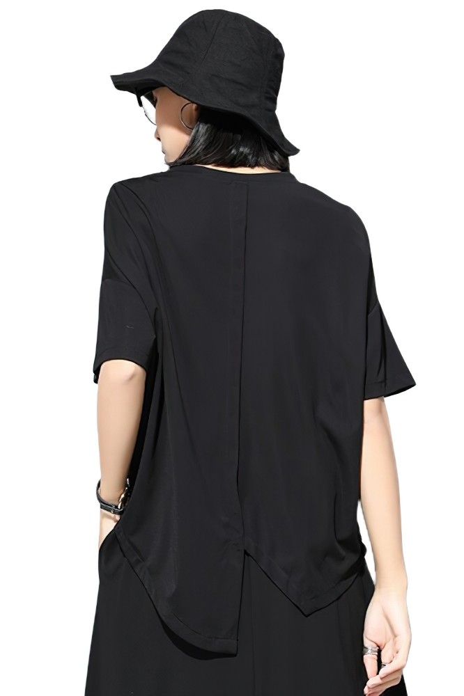 Back view of a black women's loose T-shirt with a stylish irregular hemline, perfect for casual outfits.