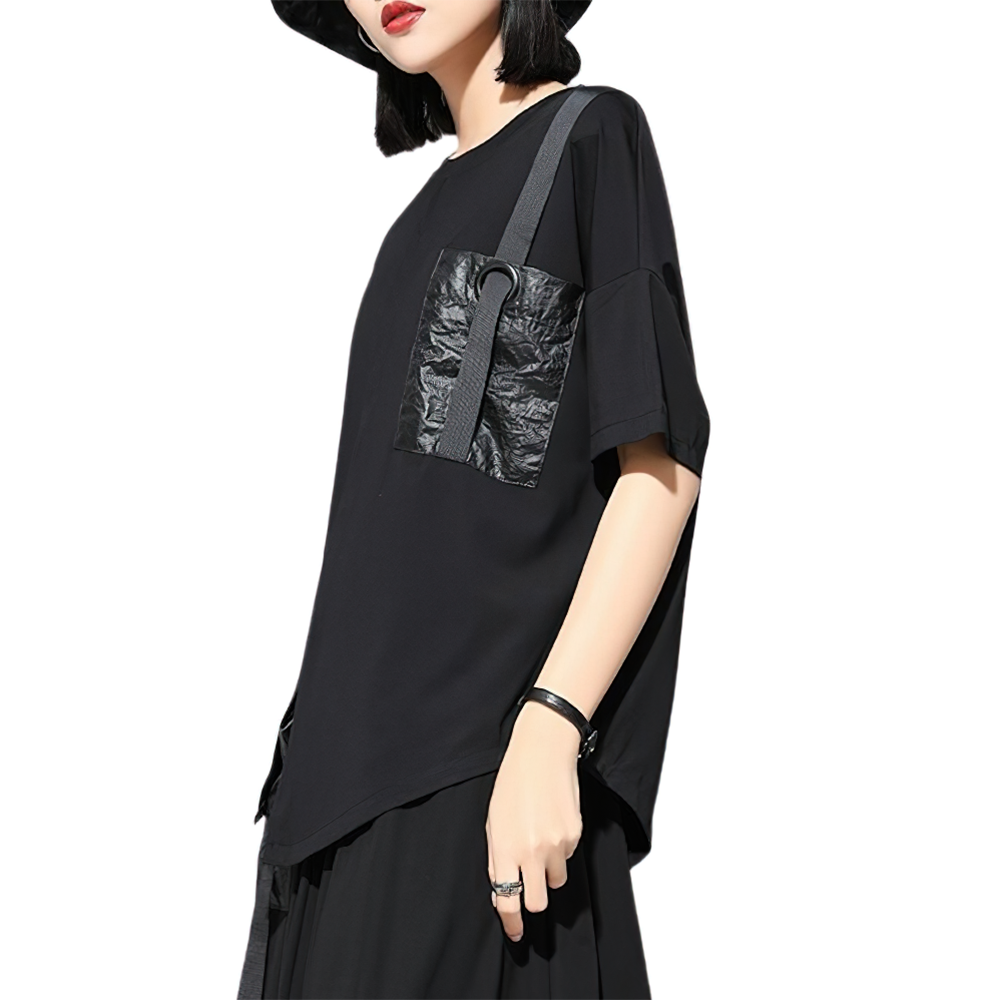 Black women's loose cotton T-shirt with unique pocket and ribbon detail, perfect for casual stylish looks.