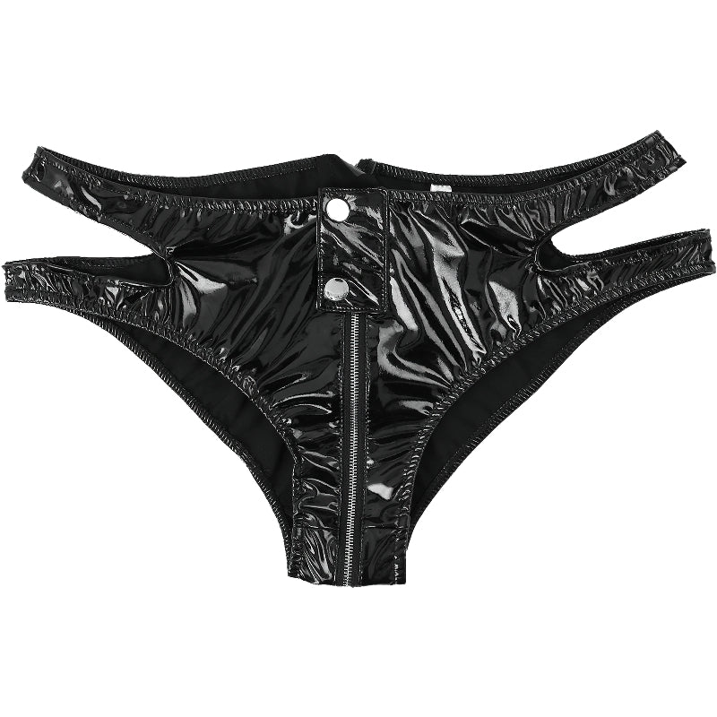 Black women's latex panties with zipper, shiny low-waisted underpants for a bold look.