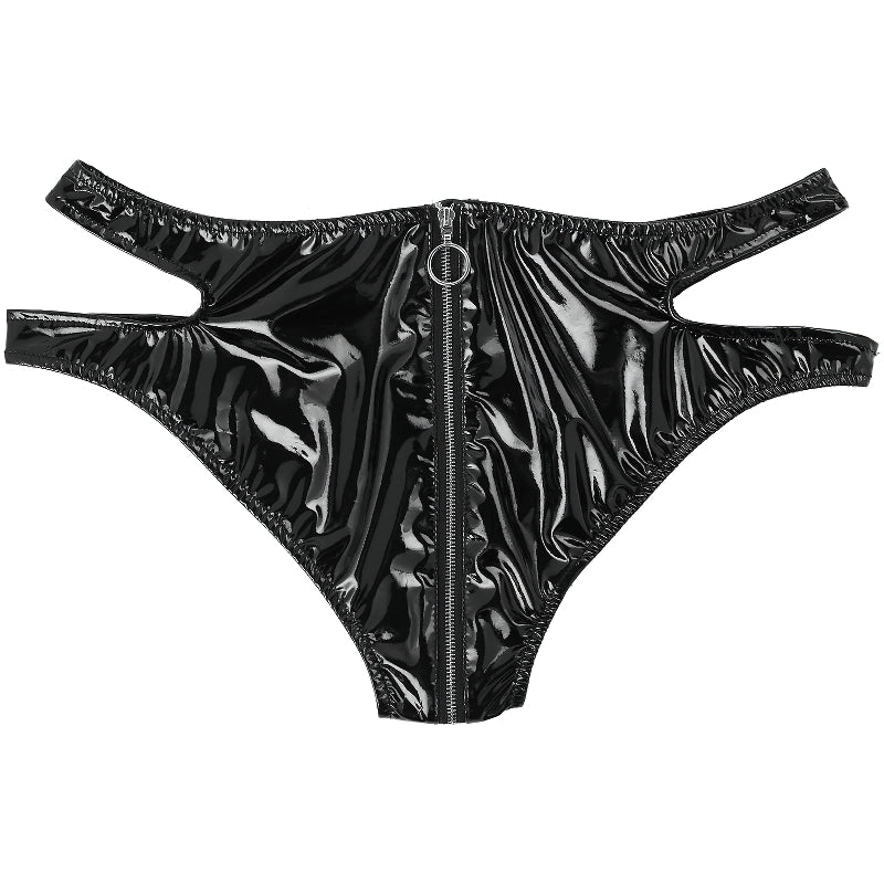 Black women's latex panties with zipper, shiny low-waisted design, perfect for adding fun to your lingerie collection.