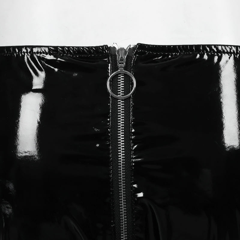 Close-up view of black women's latex panties featuring a shiny zipper detail for stylish, edgy lingerie.