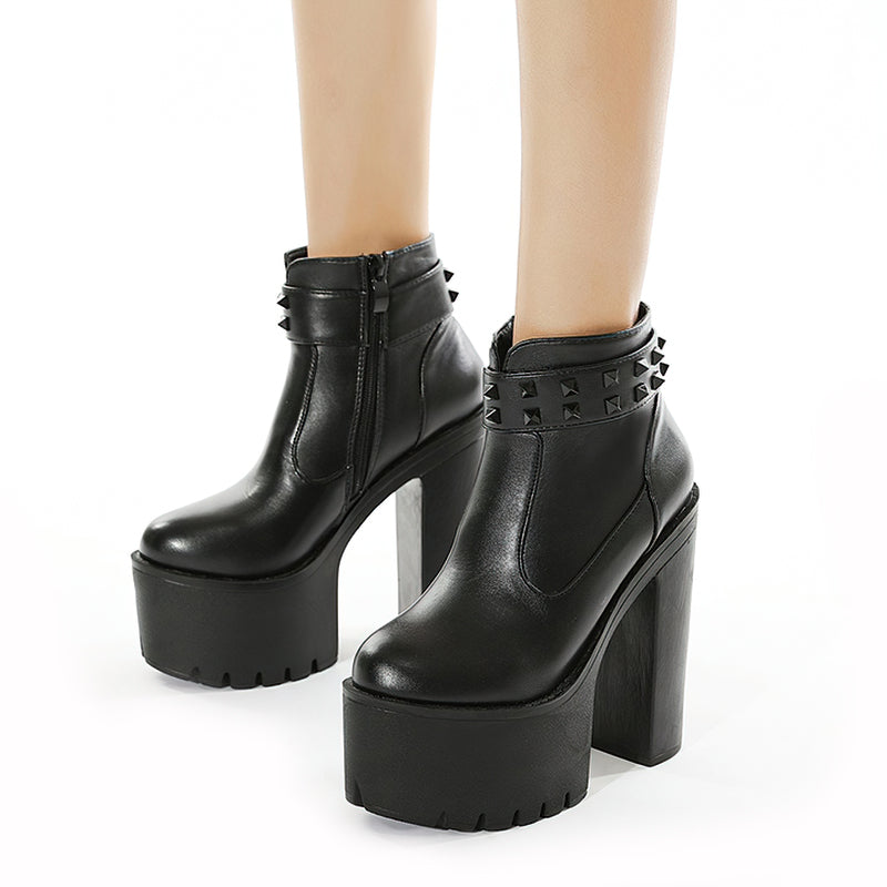 Black Women's Platform Boots With Rivets / Thick Ultra High Heeled Shoes / Chunky Ankle Boots - HARD'N'HEAVY
