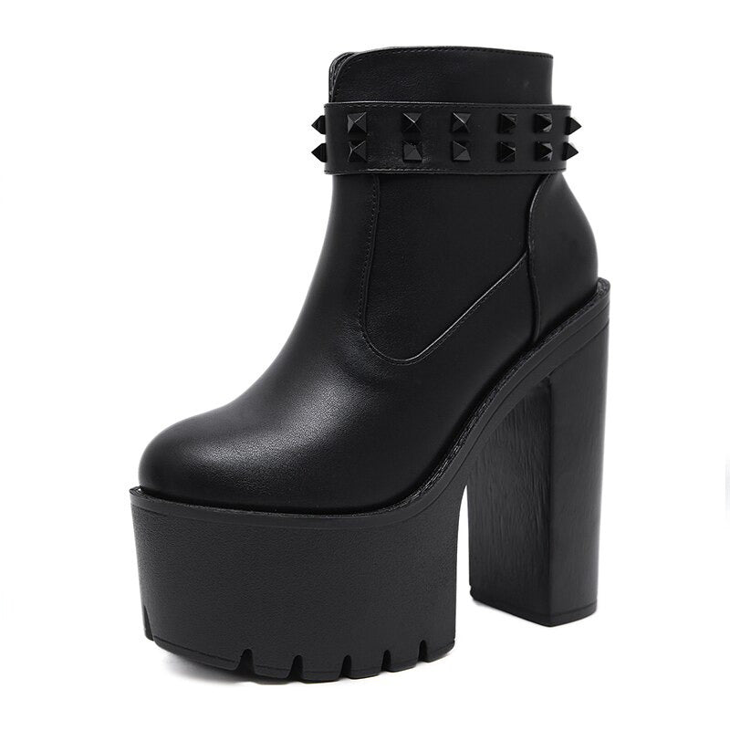 Black Women's Platform Boots With Rivets / Thick Ultra High Heeled Shoes / Chunky Ankle Boots - HARD'N'HEAVY