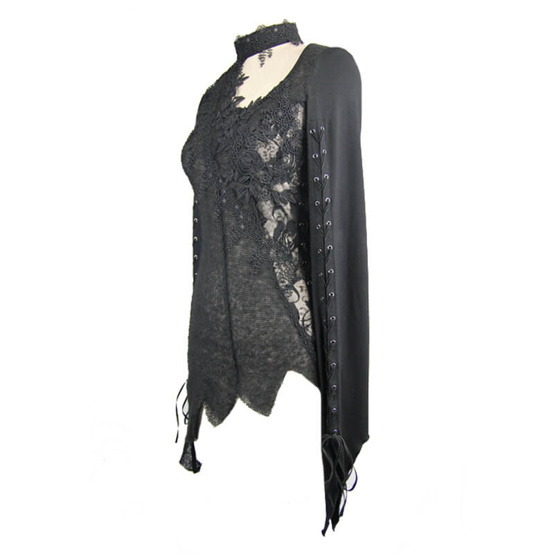 Black Women's Sexy Lace Top in Gothic Style / Ladies Asymmetric Embroidered O-Neck Long Sleeve Tops - HARD'N'HEAVY