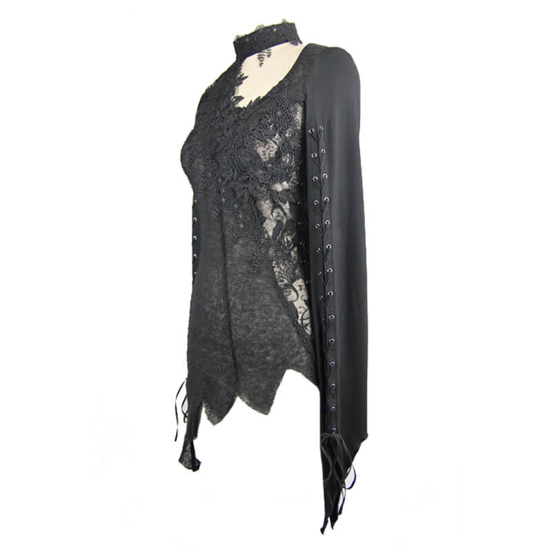Gothic women's black lace asymmetric top with elegant embroidery and stylish sleeves, perfect for a fashionable look.