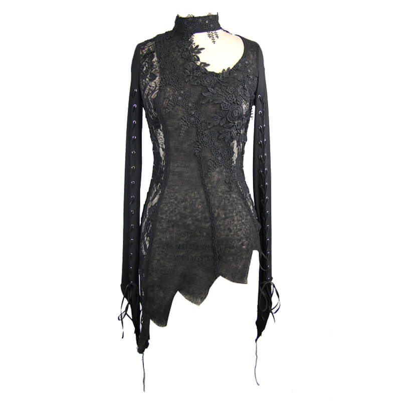 Black women's gothic lace top with asymmetric cut and embroidered floral design, perfect for an elegant look.