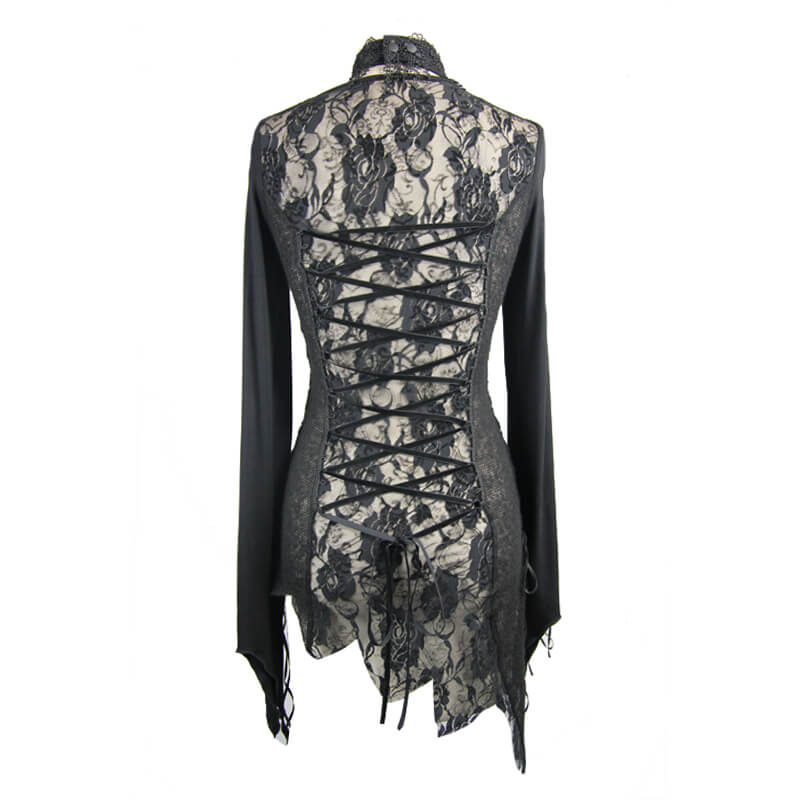 Back view of a black lace asymmetric top with elegant gothic design and stylish lace-up detailing.