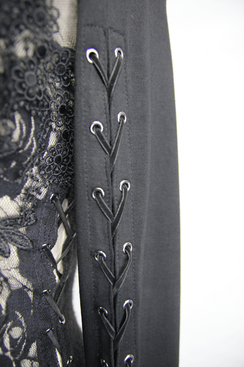 Close-up of the gothic black lace top showcasing intricate lace details and stylish lace-up design.