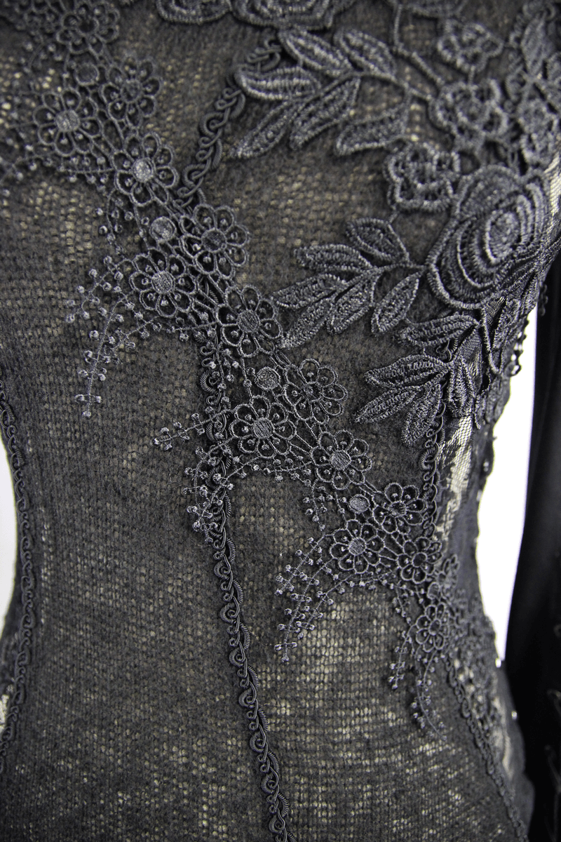 Black Women's Sexy Lace Top in Gothic Style / Ladies Asymmetric Embroidered O-Neck Long Sleeve Tops - HARD'N'HEAVY