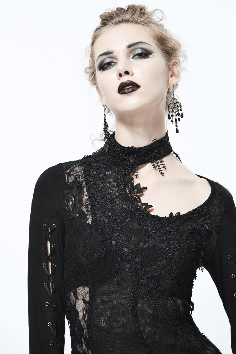 Black women's gothic lace top with asymmetric cut and elegant embroidery, showcasing a fashionable gothic style.