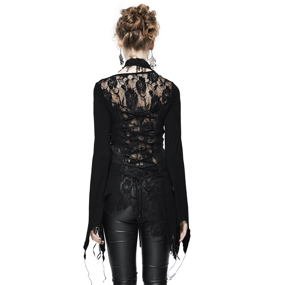 Black women's gothic lace top with asymmetric cut and elegant design, showcasing a unique back detail.