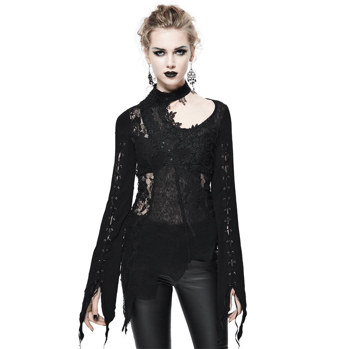 Black women's gothic lace top with asymmetric cut and elegant design, perfect for adding a touch of grace to any outfit.