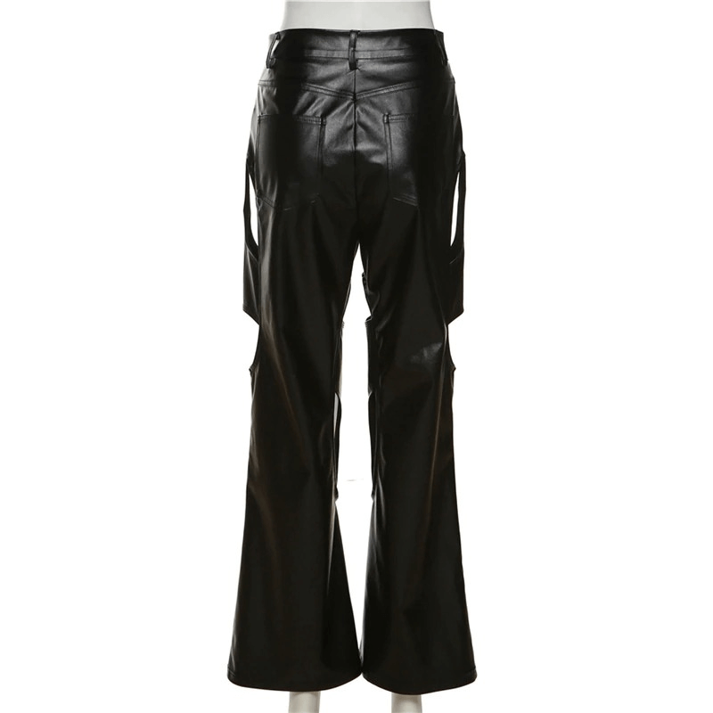 Black Zipper Hollow Out Leather Pants For Women / Fashion High Waist Straight Trousers