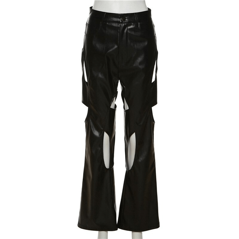 Black Zipper Hollow Out Leather Pants For Women / Fashion High Waist Straight Trousers