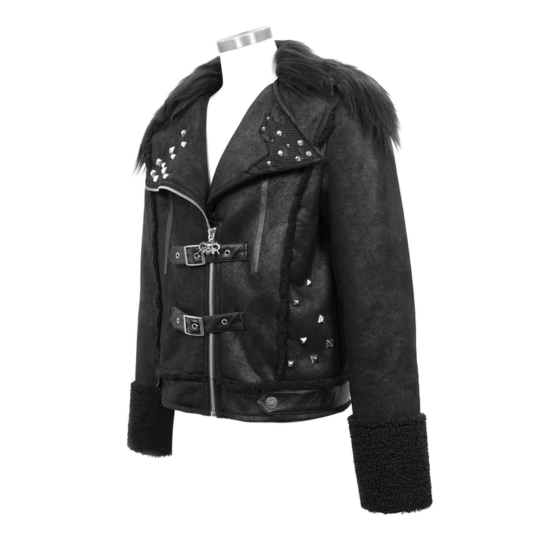 Black PU leather jacket with studs, buckles, and faux fur collar, perfect for gothic punk fashion.