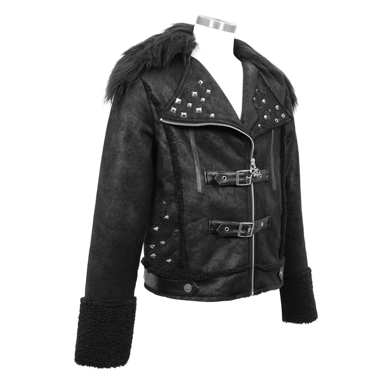 Men's black zipper punk jacket with studs, buckles, and faux fur collar, perfect for edgy fashion.