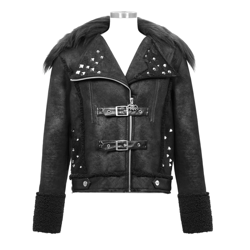 Men's black PU leather jacket with studs, buckles, and a faux fur collar in punk style fashion.