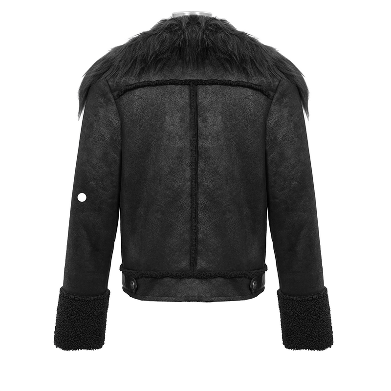Back view of a stylish black PU leather jacket with a fur collar and cozy cuffs, perfect for gothic punk fashion.