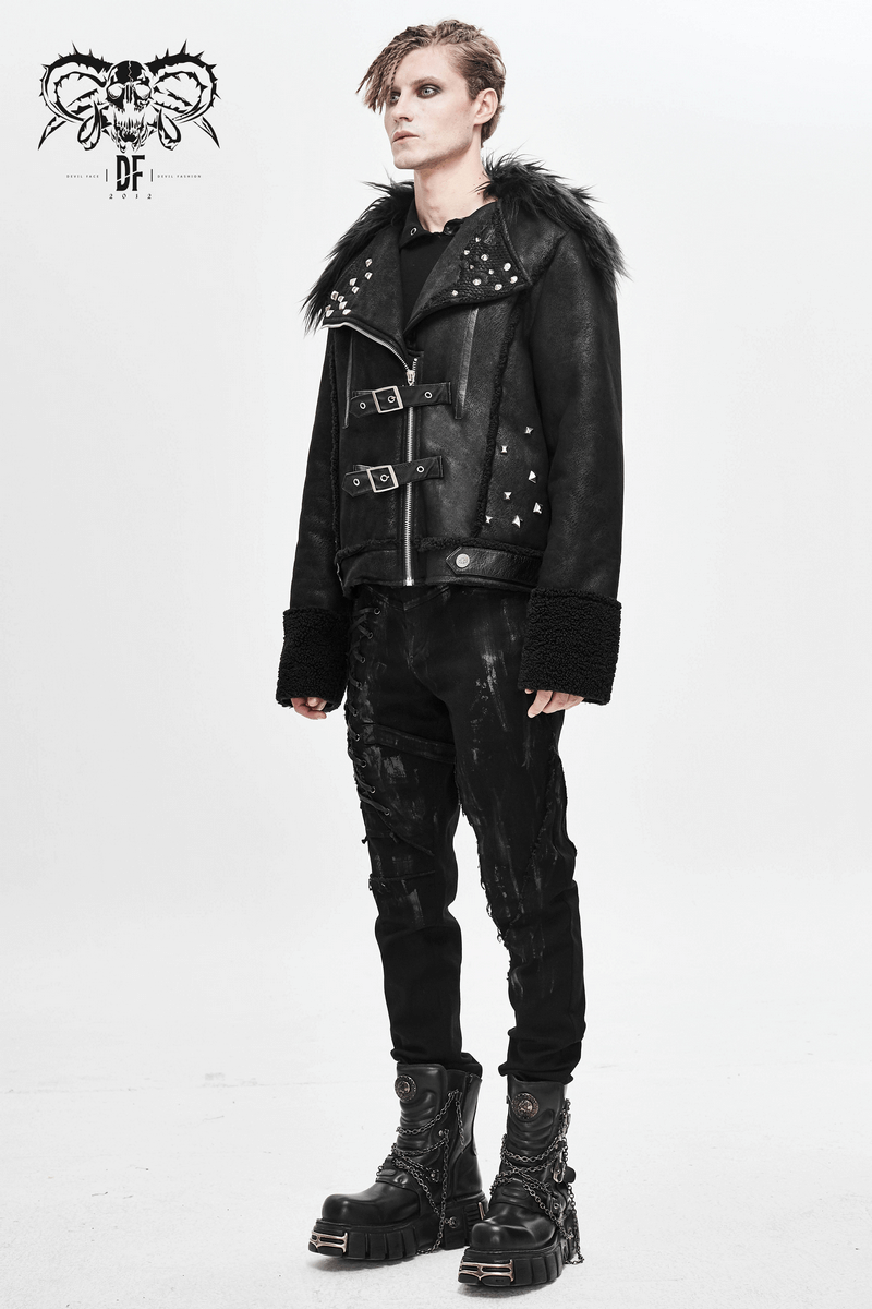 Men's black PU leather jacket with studs and buckles, featuring a gothic punk fur collar, styled for a bold look.