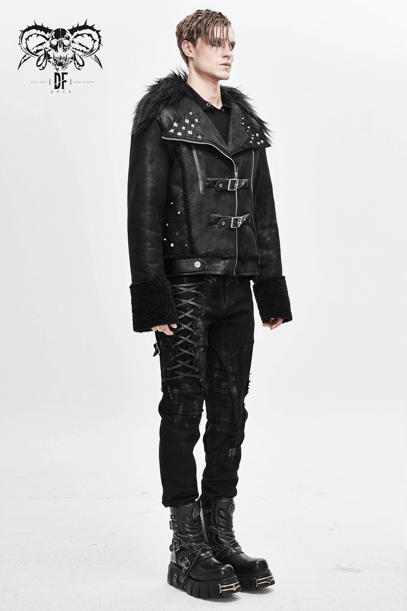 Men's black PU leather jacket with fur collar, studs, and buckles in punk fashion, perfect for a stylish gothic look.