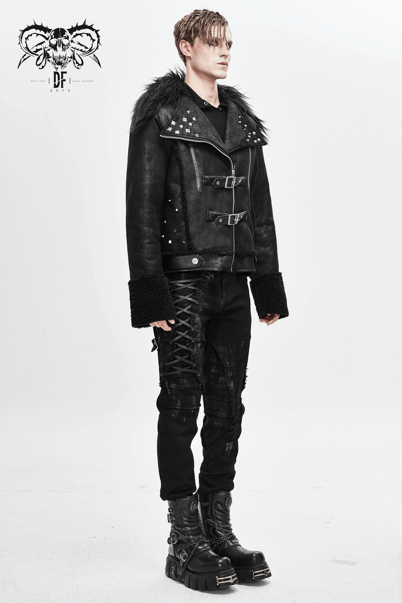 Black Zipper Jacket with Studs and Buckles / Gothic Punk Fur Collar Pu Leather Jackets - HARD'N'HEAVY