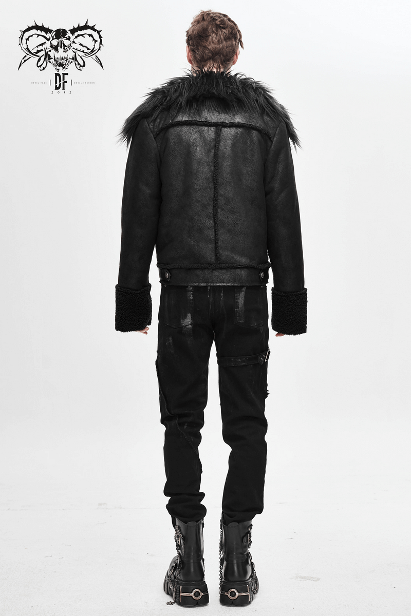 Back view of a men's black PU leather jacket with fur collar, perfect for punk fashion enthusiasts.