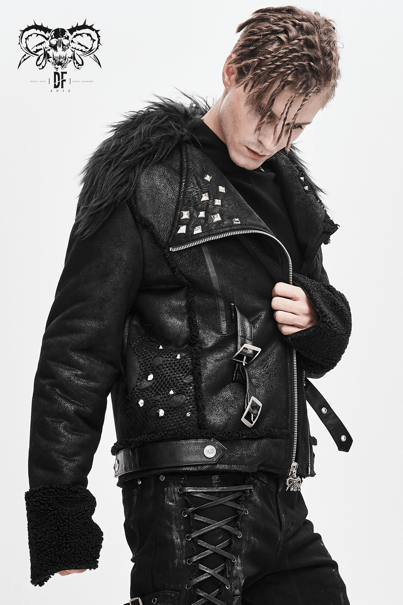Men's black PU leather jacket with studs and fur collar, showcasing a trendy gothic punk style.