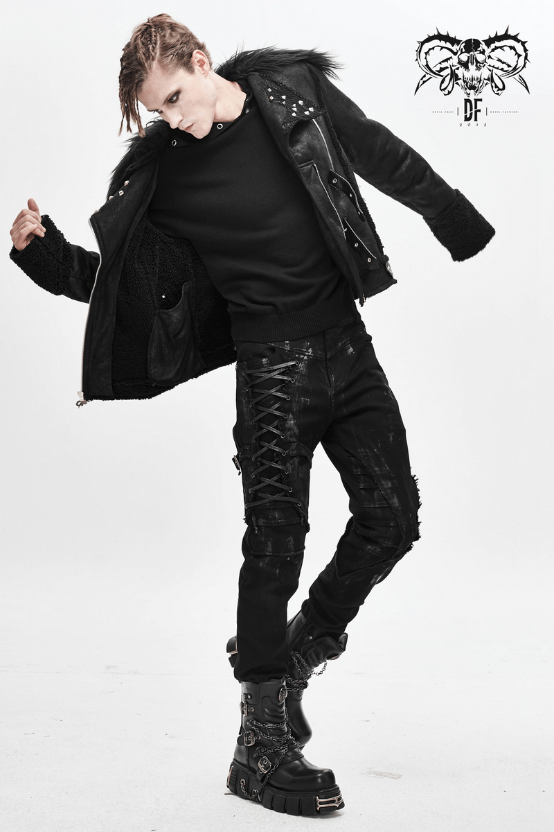 Stylish model in a black zipper jacket with studs, punk fashion outfit featuring a fur collar and laced pants.
