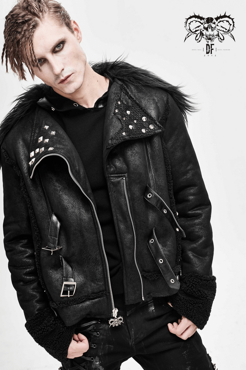 Stylish man wearing a black PU leather jacket with studs, buckles, and fur collar, showcasing gothic punk fashion.