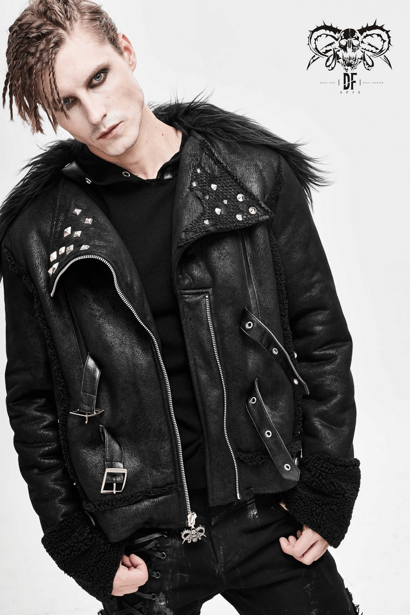 Black Zipper Jacket with Studs and Buckles / Gothic Punk Fur Collar Pu Leather Jackets - HARD'N'HEAVY