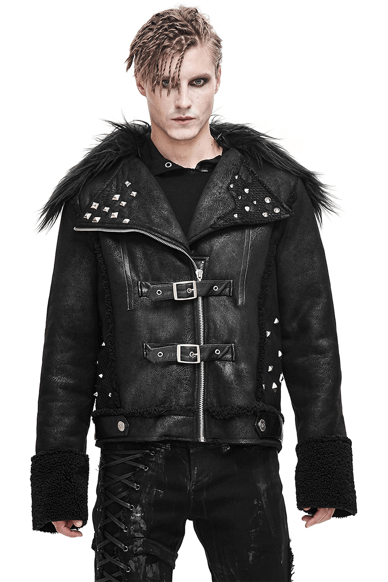 Black Zipper Jacket with Studs and Buckles / Gothic Punk Fur Collar Pu Leather Jackets - HARD'N'HEAVY