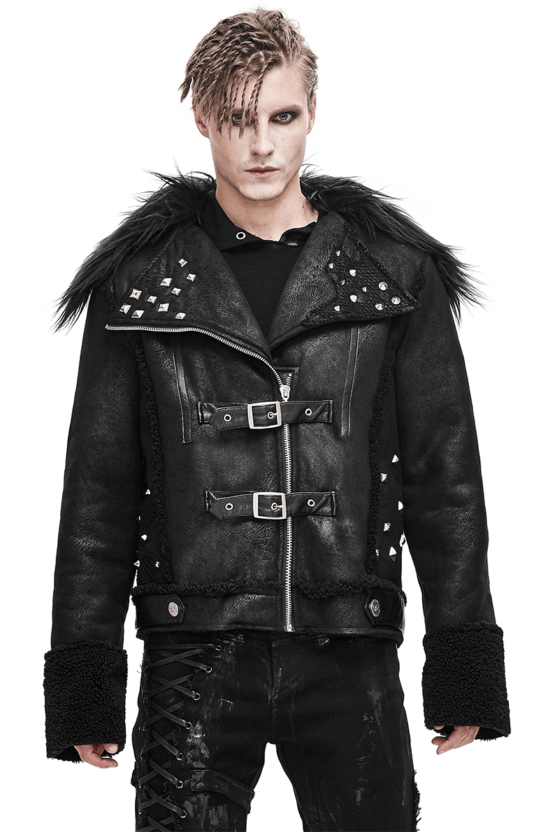 Stylish men's black PU leather jacket with studs, buckles, and fur collar, perfect for punk fashion.
