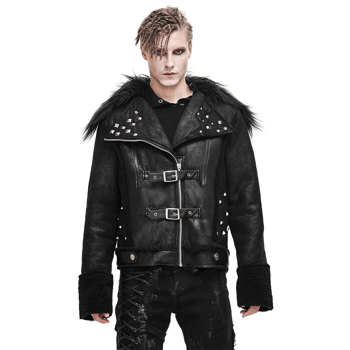 Mens Real Black Leather Spike Jacket Studded Punk Style Cropped